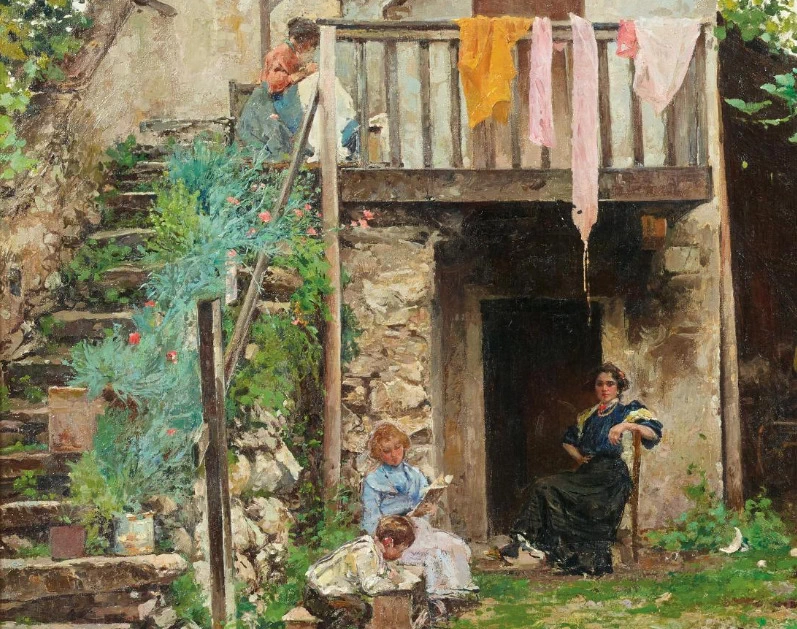 Interno di cortile con bambini - dettaglio